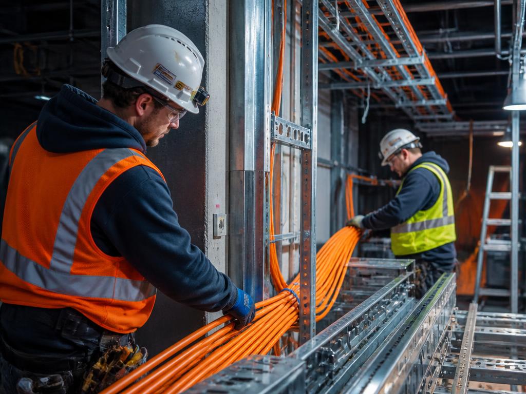 Technicians routing orange fiber conduit inside a commercial building
